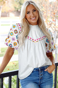 Khaleesi Embroidered Smocked Neck Puff Sleeve Top
