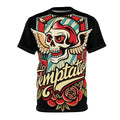 Temptation Skull Graphic Tee — Retro Winged Skull & Rose All-Over Print