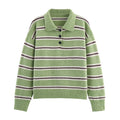 Fall Women Clothing Half Cardigan Button Pullover Polo Collar Stripes Knitted Sweater Top