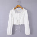 Deep V Plunge neck Hollow Out Cutout Embroidered Bishop Sleeves Top Women Design Lace up Waist Controlled Sexy Shirt
