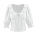 French Sweet Design Petal Scoop Lace Stitching Ruffle Slim Shirt Solid Color Tied Top
