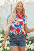 Ainara Floral Mock Neck Striped Flutter Sleeve Blouse