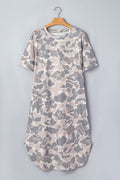 Multicolour Camouflage Print Short Sleeve Drop Shoulder Side Slit Casual Dress