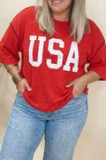 Fiery Red Plus Size Twisted Rib Vintage USA Letter Printed T Shirt