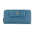 Prada Blue Saffiano Leather Long Bow Zip Around Wallet #3427