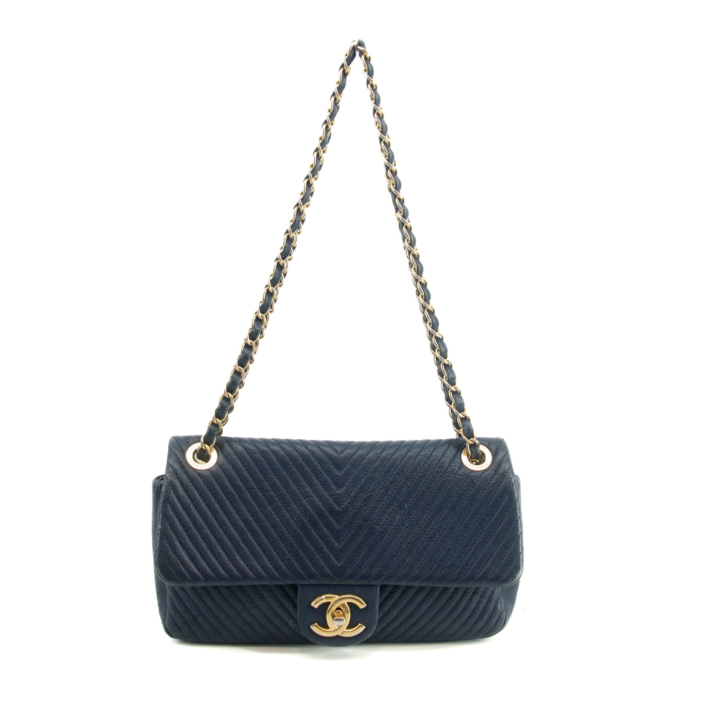 Chanel Chevron Flap Surpique Aged Calfskin Navy Shoulder Bag #3631