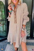 Khaki Stripe Shirt Collar Embroidered Trim Ruffle Hem Long Sleeve Mini Dress