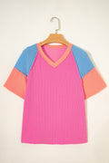 Rose Red Color Block Twisted Ribbed Tee