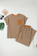 Khaki Stripe Plus Size Striped Colorblock Pocket Lounge Set