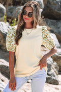 Rayne Floral Bubble Sleeve Patchwork Ribbed Top