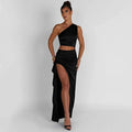 One-shoulder Satin Short Top High Waist Split Maxi Skirt