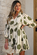Angie Floral Striped Piping Puff Sleeve Dress