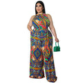Women's Casual Halter neck Printed Jumpsuit With Belt Plus Size