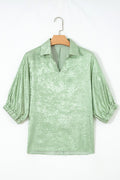 Clearly Aqua Collared V Neck Half Sleeve Metallic Top