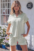 Khaki Stripe Dolman Sleeve Polo Shirt and Drawstring Shorts Set