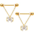 14G 11/16 Clear CZ Gem Gold Hue Beauty Bow Chain Nipple Ring Set