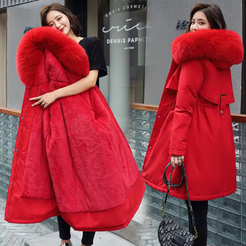 Women's Long Winter Coats Slim-Fit Down Cotton Coat Fashion Versatile Fleece-Lined Fur Hood Jacket With Pockets