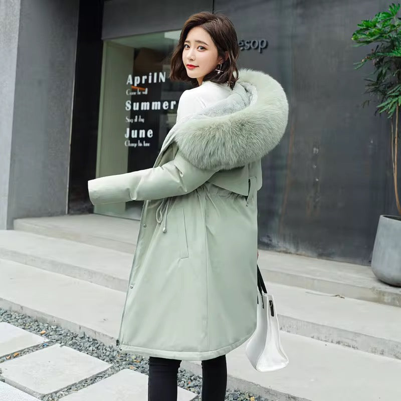 Women's Long Winter Coats Slim-Fit Down Cotton Coat Fashion Versatile Fleece-Lined Fur Hood Jacket With Pockets