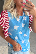 Sky Blue Vintage Star Print Striped Ruffle Sleeve Independence Day Top