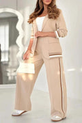 2 Pcs Set Women Suit Coat Pants Suit Lapel Long Sleeves Lady Jacket Wide Leg High Waist Trousers Female Commuting Office Outfit
