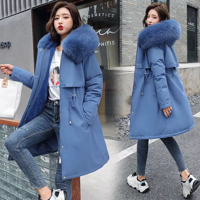 Women's Long Winter Coats Slim-Fit Down Cotton Coat Fashion Versatile Fleece-Lined Fur Hood Jacket With Pockets