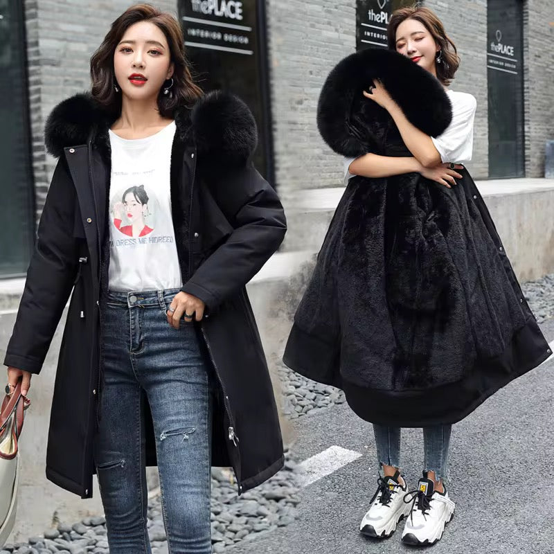 Women's Long Winter Coats Slim-Fit Down Cotton Coat Fashion Versatile Fleece-Lined Fur Hood Jacket With Pockets