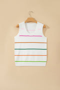 White Stripe Round Neck Knitted Sweater Tank
