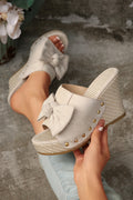 Bow Knot Decor Woven Wedge Slippers