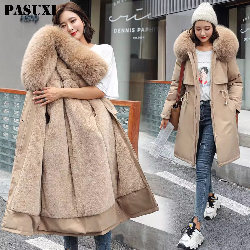 Women's Long Winter Coats Slim-Fit Down Cotton Coat Fashion Versatile Fleece-Lined Fur Hood Jacket With Pockets