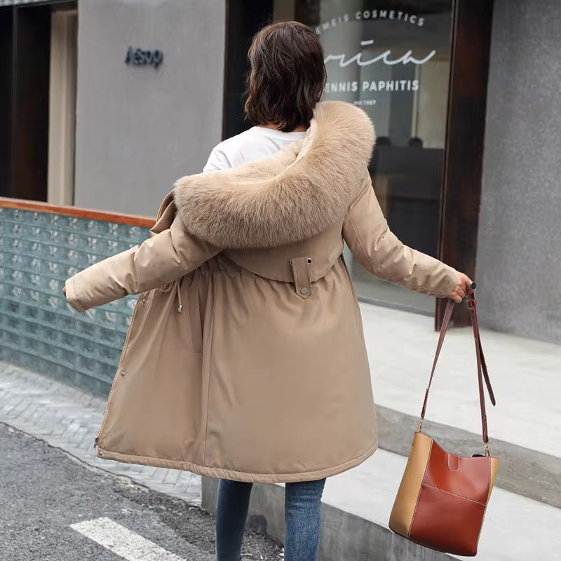 Women's Long Winter Coats Slim-Fit Down Cotton Coat Fashion Versatile Fleece-Lined Fur Hood Jacket With Pockets