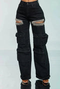 Thigh Hollow-out Rhinestone Decorations Cargo Multi-pocket Stretch Jeans