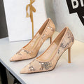 Shallow Mouth Sequin Fashionable Elegant High Heel Women Shoes Pointed Toe Slip on Lace Mesh Pumps Women