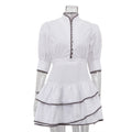 Graceful Fashionable Contrast Color Shirt Dress Women Stand Collar Puff Sleeve Tight Waist A line Dress