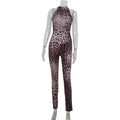 Sexy Sleeveless Halter Leopard Print Printed Mesh Stitching Jumpsuit Tight High Elastic Trousers