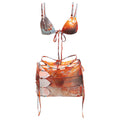 Summer Women Printed Sexy Mesh Lace up Bikini Three Piece Set
