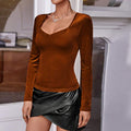 Women Clothing French Elegant Korean Velvet T Shirt Autumn Winter Square Collar Pullover Long Sleeve Adult Lady Like Woman Top