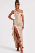 Women's Slant Shoulder Satin Waist sinching Long  Dress