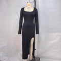 Women Clothing Autumn Square Collar Long Sleeve Solid Color Split Sexy Slim Fit Slimming Dress