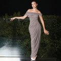 Spring Sexy Pleated off Neck Backless Irregular Asymmetric Solid Color Dress