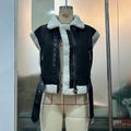 Women Clothing Motorcycle Zipper Faux Shearling Jacket Stitching Vest Vest Coat