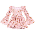 Floral Printed Pleated Long Bell Sleeve Short Dress