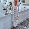 Spring Summer Long Sleeve See through Lace up Dress Loose Vacation Split Dress