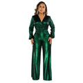 Women Clothing Autumn Sexy V Neck Lantern Sleeve Bronzing Jumpsuit