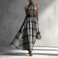 Halter Sleeveless Plaid High Waist Lace up Waist Draping Effect Large Hem A line Dress French Dress
