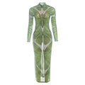 Summer Women High Collar Slim Sheath Long Printing Dress