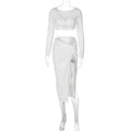 Long Sleeved V neck sets Autumn Women Sexy Tight High Waist Slit Skirt Two Piece sets