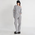Urban Casual Simple Autumn Irregular Asymmetric Multi Way Shirt Mid Waist Straight Trousers Striped Set