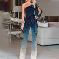 Summer Women Clothing Gradient Printing Diagonal Collar Long Sleeve Sexy Siamese Wide Leg Jumpsuit