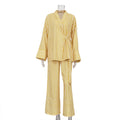 Women' Clothing Autumn Striped Long Sleeve Loose Lace up Top High Waist Trousers Casual Set