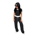 Spring Summer Round Neck Contrast Color Short-Sleeved Women Clothing Casual Wide Leg Pants Sports Suit